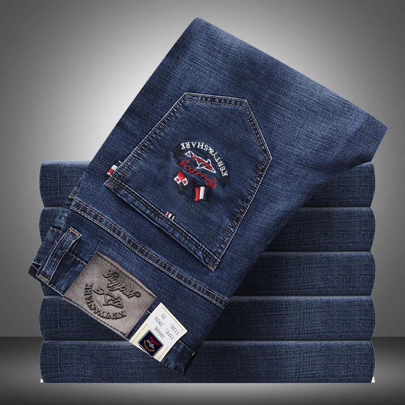 

Top quality Slim male Casual Pants Quality Cotton Denim Sharked trousers For Men Stretch Summer Thin Blue Denim Jeans