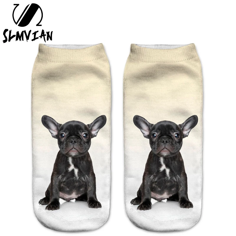 SLMVIAN, новинка, черные женские носки с 3D принтом в виде животных, французского бульдога, щенка, повседневные носки с героями мультфильмов, короткие носки унисекс