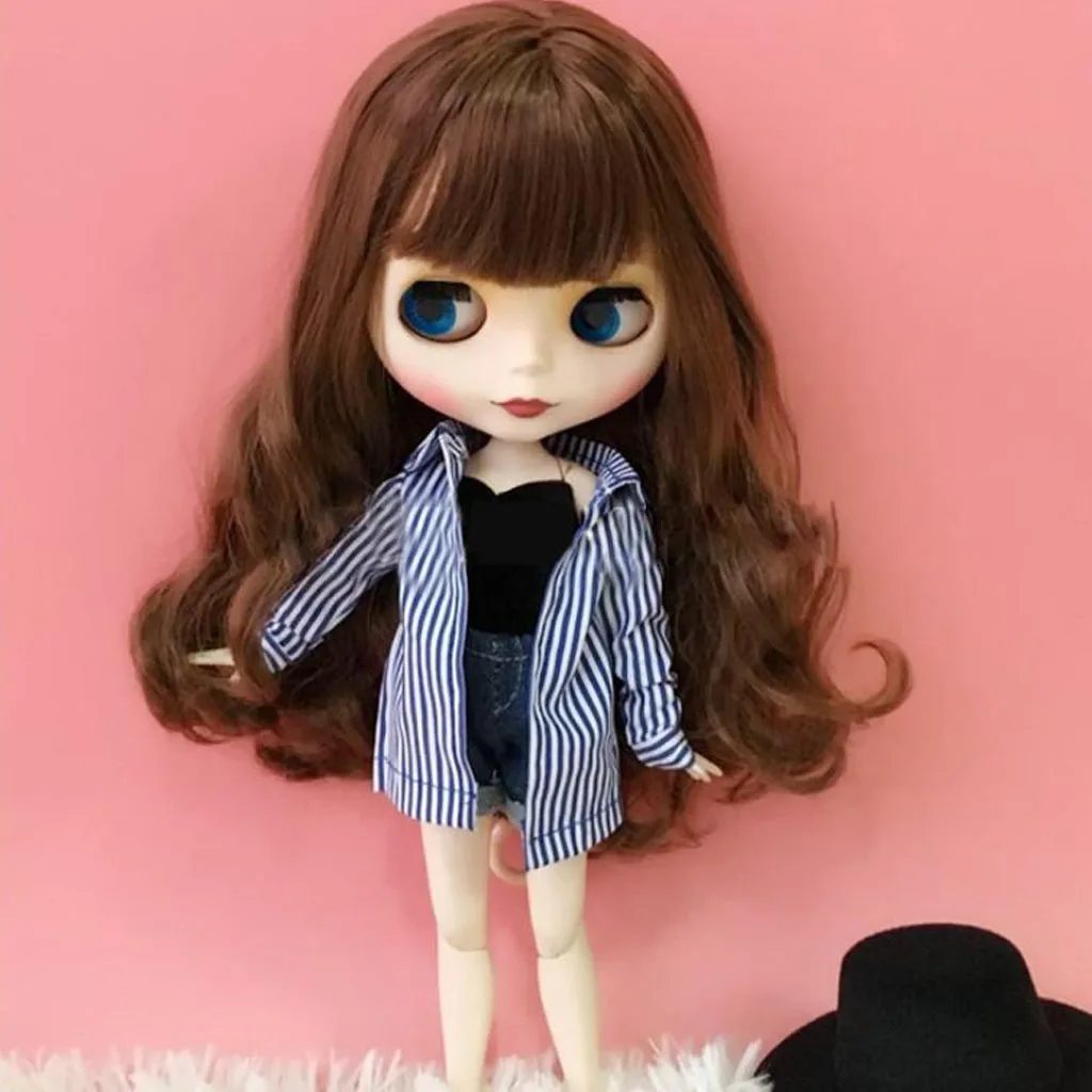 Handmade Cute Doll Clothes Suit Striped Shirt Short Pants Bra Set for Blythe Doll 12inch Doll Outfits Blue