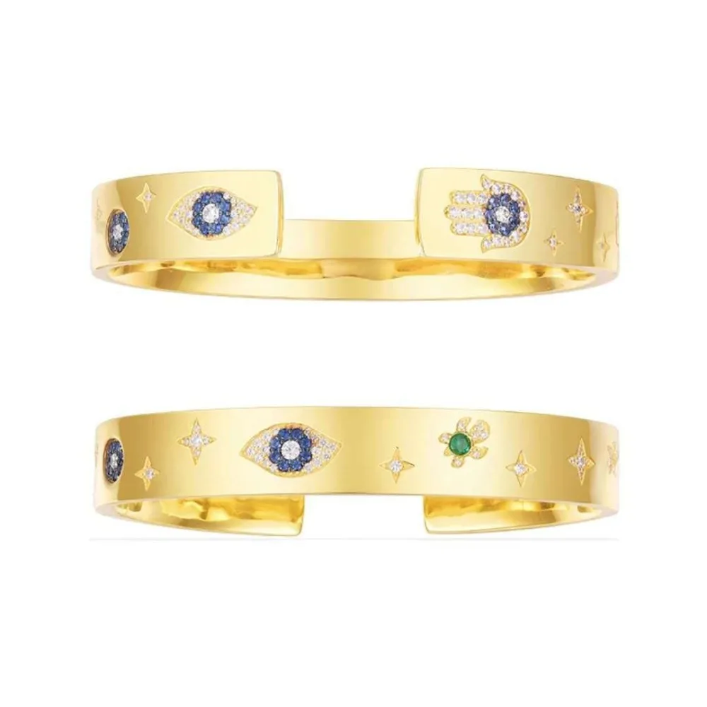 

One Piece 925 Sterling Silver Bangle Luxury Zircon Gold Color Lucky Eye Palm Sea Turtle Symbol Bracelets Sets For Women DJB072