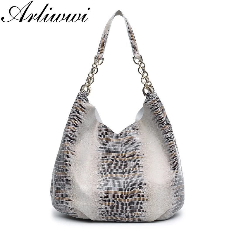 

Arliwwi Designer Bolsas Feminina Serpentine Prints Shiny High Quality Real Cow Leather Luxury Embossed Elegant Hobos Chain Bag