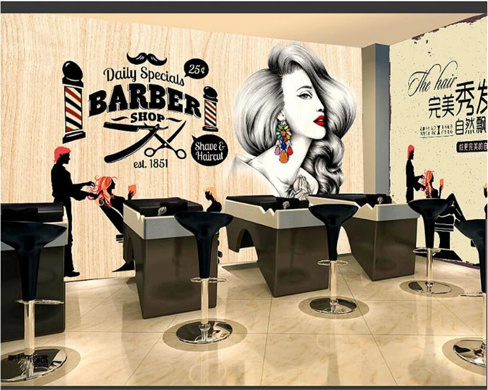 Us 8 1 46 Off Beibehang Simple Fashion Personality 3d Wallpaper Beauty Salon Background Barber Shop Nostalgic Retro Makeup Wall Paper Tapety In