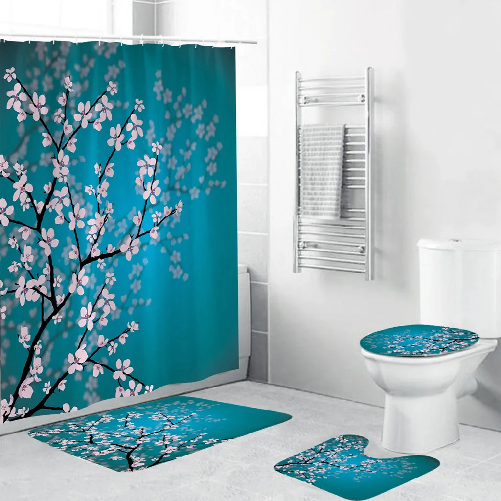 

Multicolor Printed Flowers 4PCS Non Slip Toilet Polyester Cover Mat Set Bathroom Shower Curtain Home Bathing Room Accessories