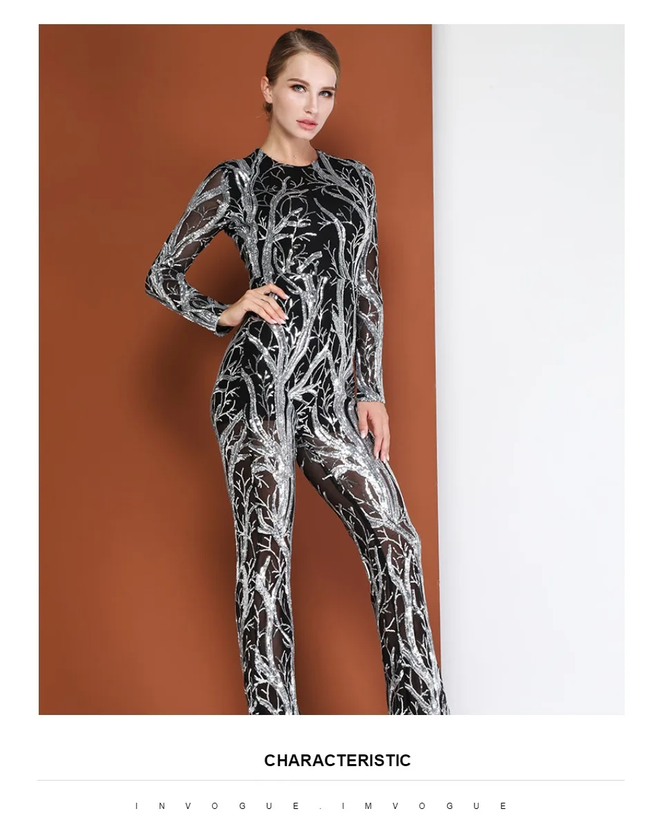INVOGUE. IMVOGUE New Arrival Elegant Sequin O Neck Color Block Long Sleeves Bodycon Party Jumpsuit