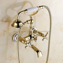 Best Price Luxury Gold Color Brass Bathtub Faucets Hand Rain Shower Head Tap Luxury Ceramic Telephone Wall Bath Faucet Ntf140