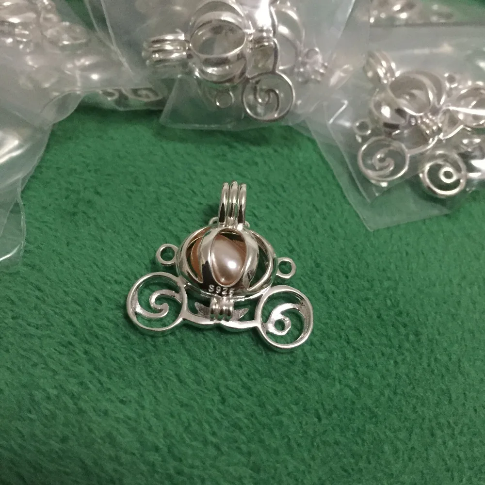 Solid 925 Silver Carriage Locket Cage Pendant Mounting DIY Can Open Sterling Silver Pumpkin Pearl Gem Bead Pendant Charm 4