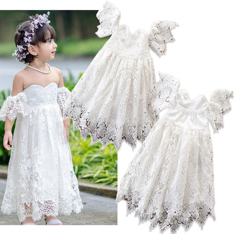 

2019 Summer Girls Cute Dress Wedding Lace Print Solid Color Word Shoulder Children Princess Dresses vestidos