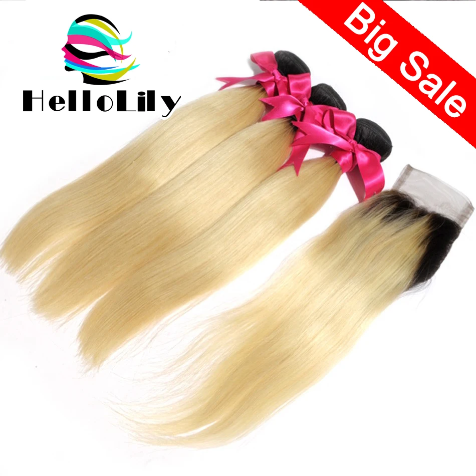 Ombre Brazilian Virgin Hair With Closure Straight Human Hair Weave 3 Bundles With Closure Brazilian Straight Hair With Closure