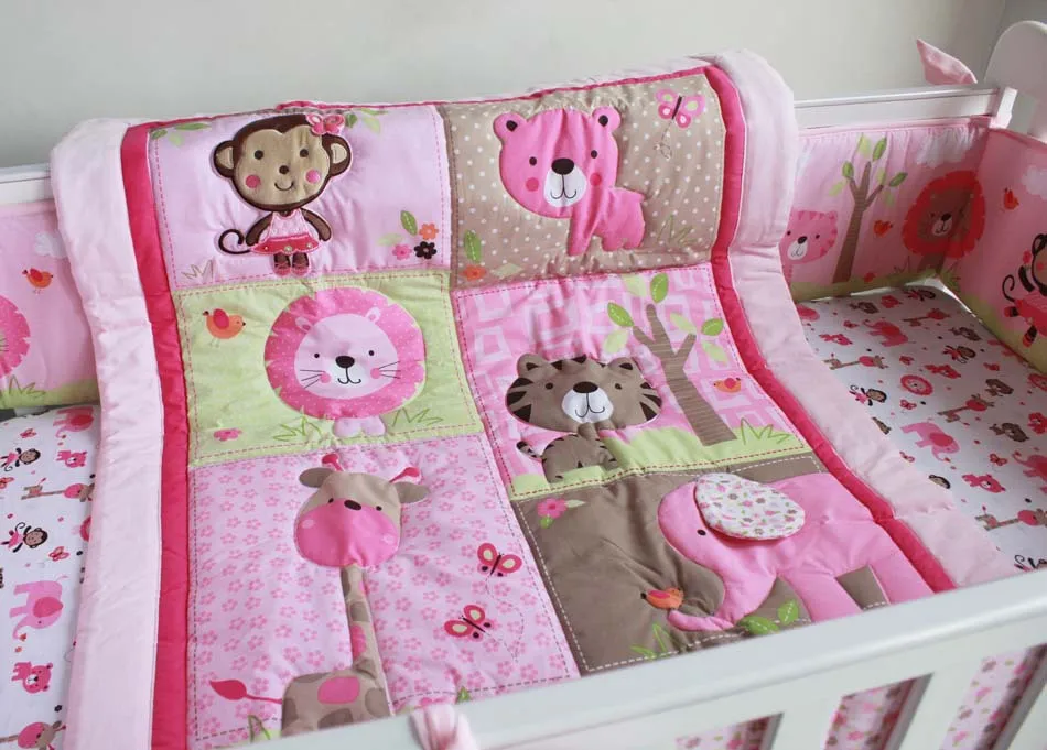 7pcs Pure Cotton Baby Girl Crib Bedding Set 3d Embroidery Monkey