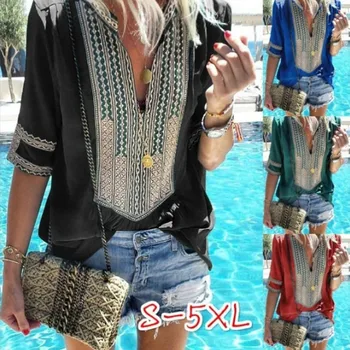 

Vintage Women V-Neck Short Sleeve Blouses Shirt Top Outwear Print Loose Top T-Shirt Patchwork Shirt Plus Size S-5XL