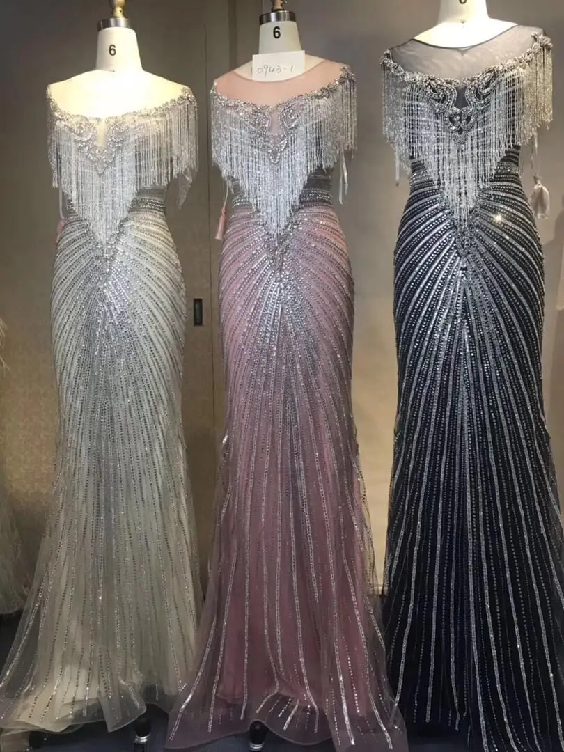 

Luxury Sheer Tassels Evening Dresses 2019 Prom Gown Crystal Beaded Dubai Robe De Soiree Vestido Formal Dress BL8002