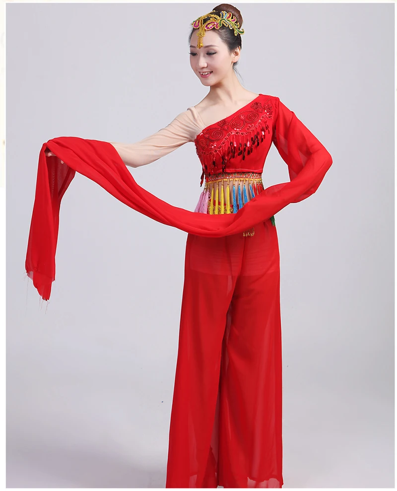 Chinese red water sleeves costumes Classical dance clothing long sleeves fan Poetry fairy costume fan dance stage performance