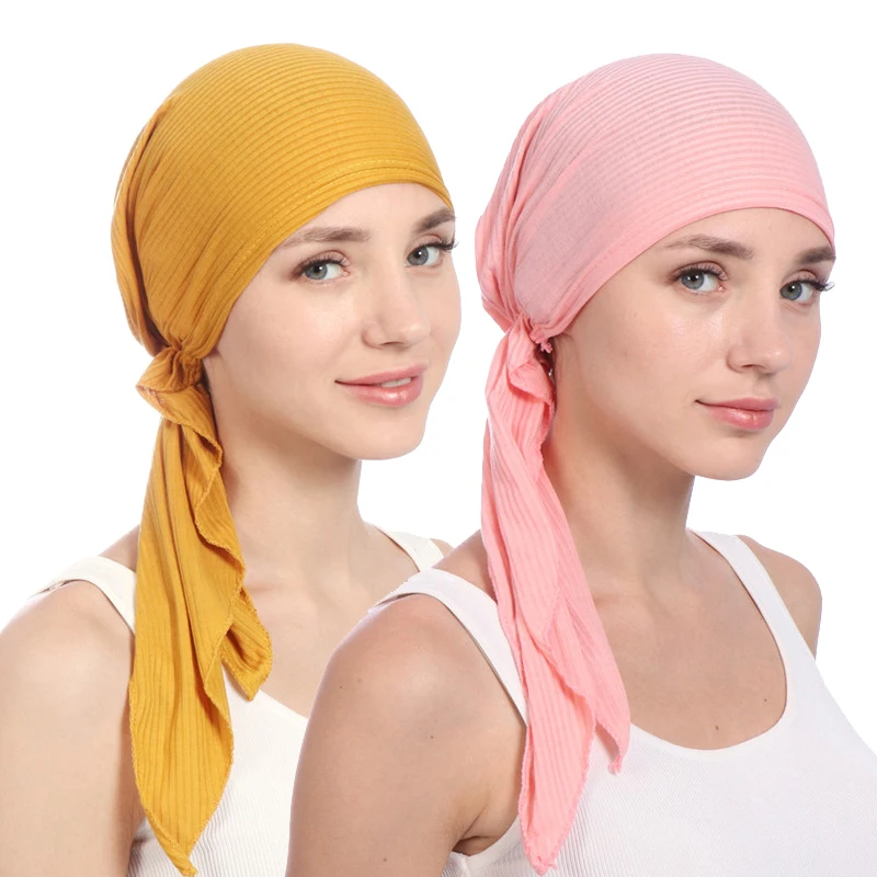 

New cotton crinkle solid color wrap head scarf Hats muslim turban bonnet for women Inner Hijab Hat fashion female turbantes caps