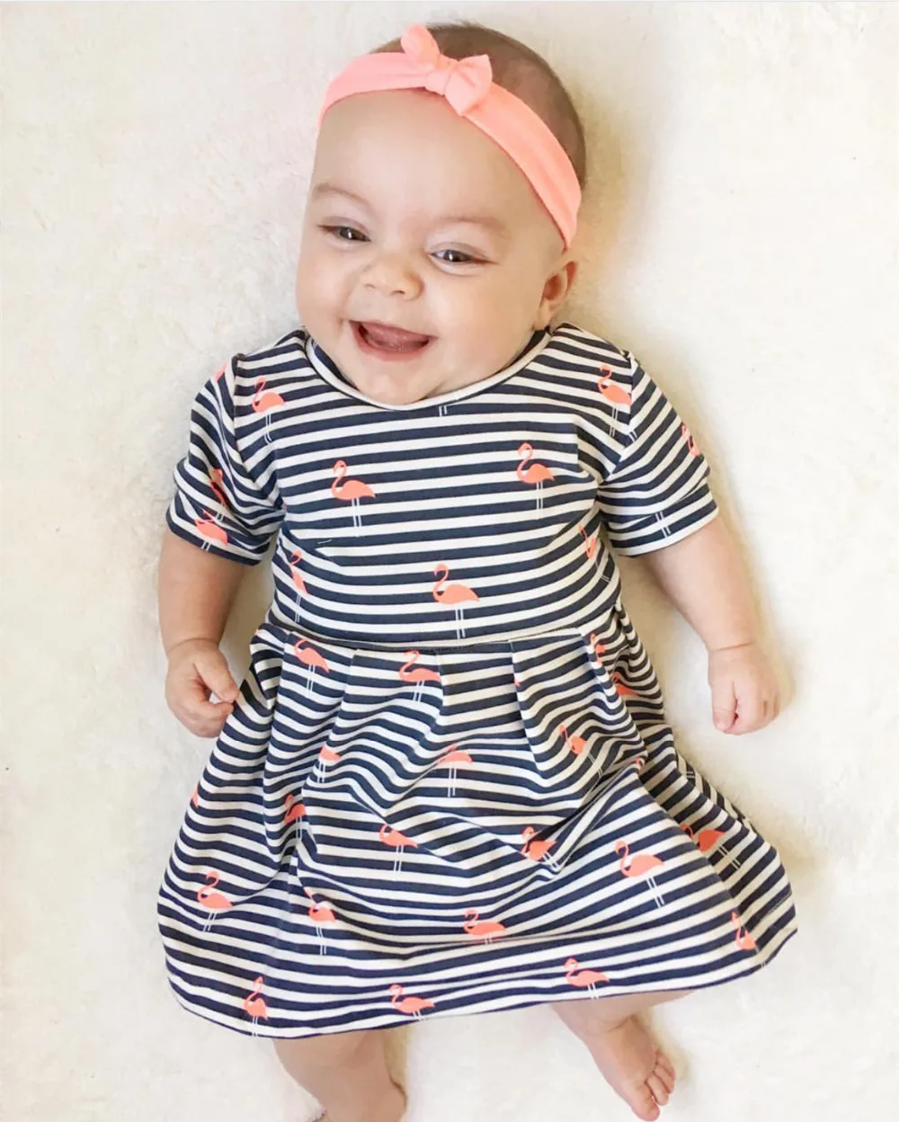 

Toddler Kids Clothes Baby Girls Dress Casual Stripe Flamingo Print Short Sleeve Princess Dresses Infant Clothing