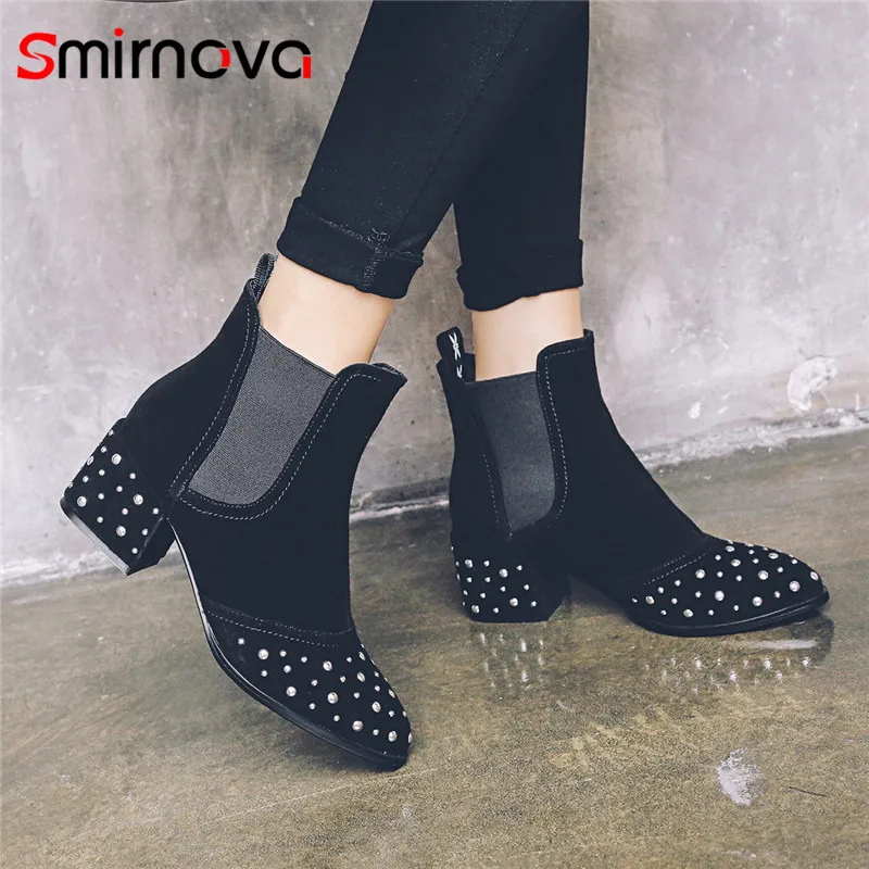 

Smirnova HOT fashion 2018 autumn winter cow suede leather woman boots rhinestone ankle boots pointed toe zipper boots ladies
