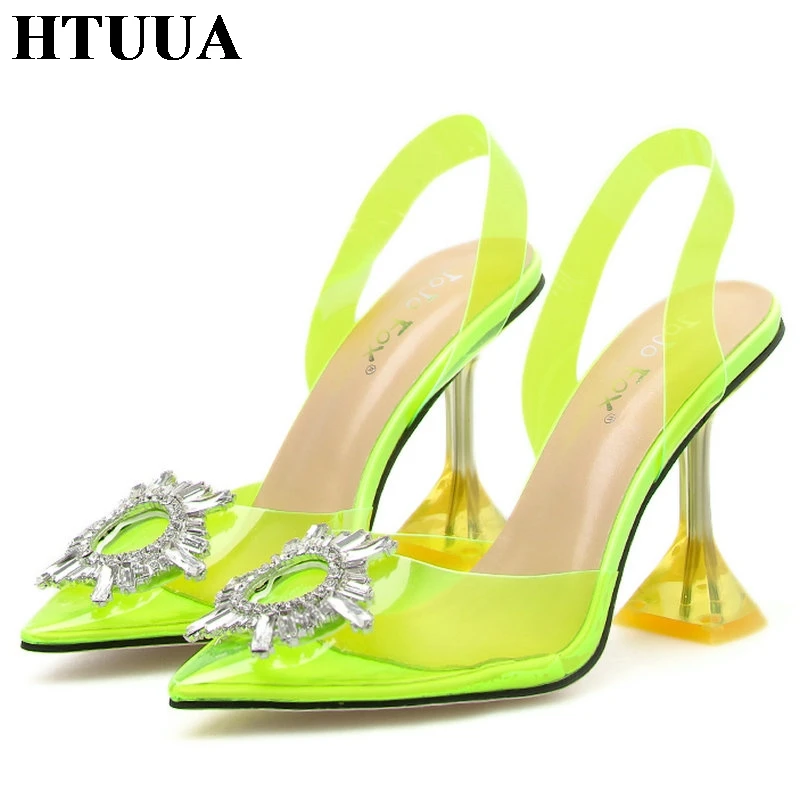 

HTUUA Designer Sandals Women Transparent PVC Rhinestone Sun Flower Pointed Toe High Heels Summer Shoes Woman Pumps SX2963