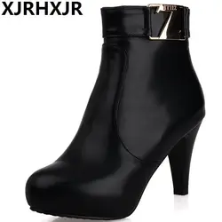 XJRHXJR брендовая зимняя Для женщин из металла ботильоны с пряжкой черный Для женщин ботинки martin на высоком каблуке на молнии Женская