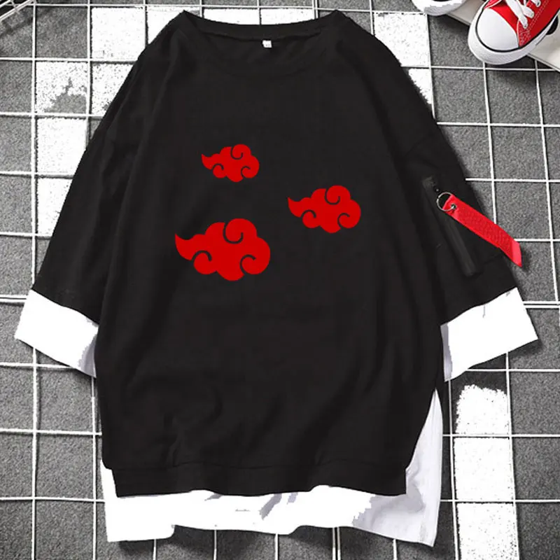 

Anime Hokage Akatsuki Shinobi Red Clouds Layered T-Shirts Half Sleeve Casual Zipper Loose Tee Summer Streetwear Hip-Hop Top Gift