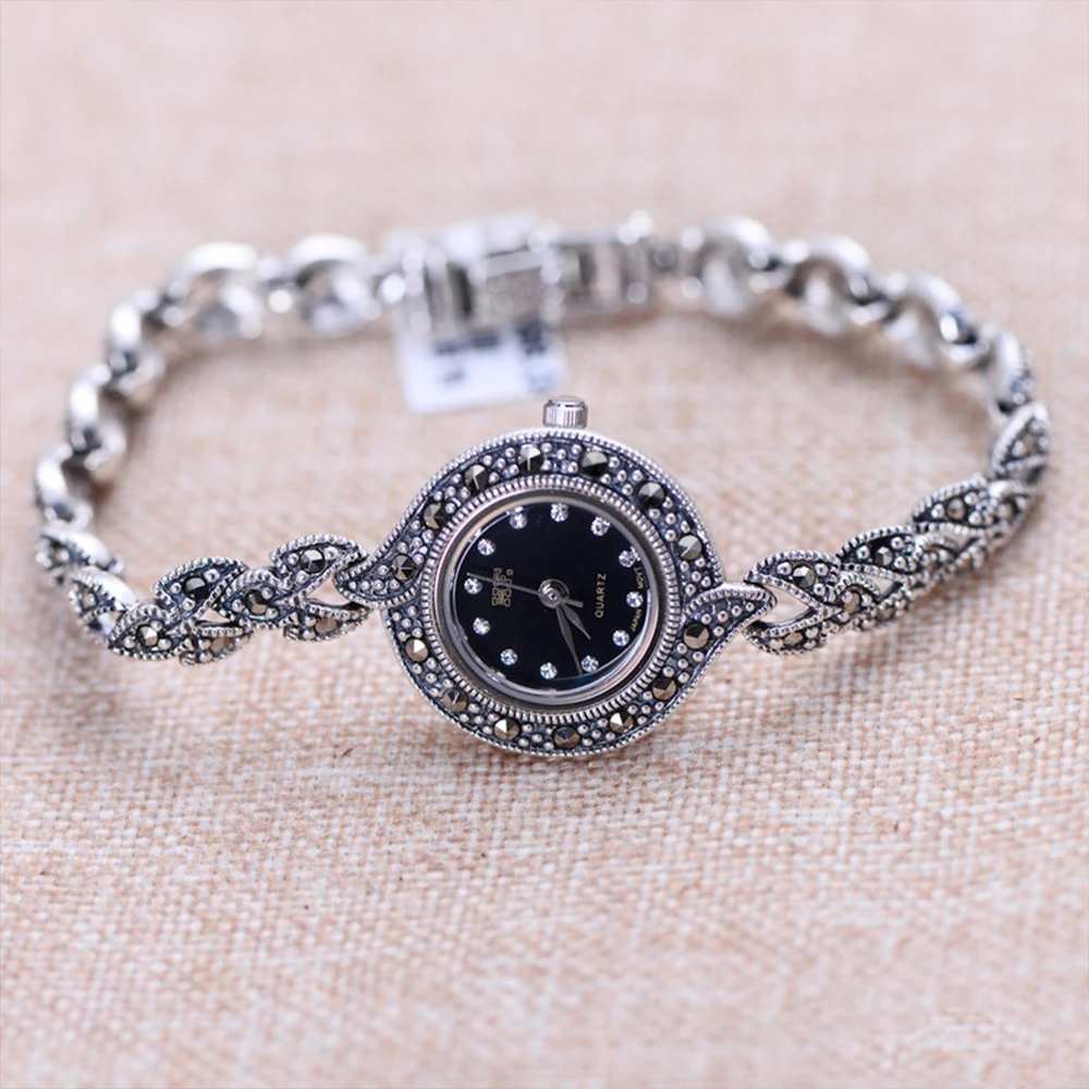 MetJakt винтажный тайский серебристый циркон браслет часы Твердые стерлингового серебра 925 Браслеты с клевером для женских ювелирных изделий
