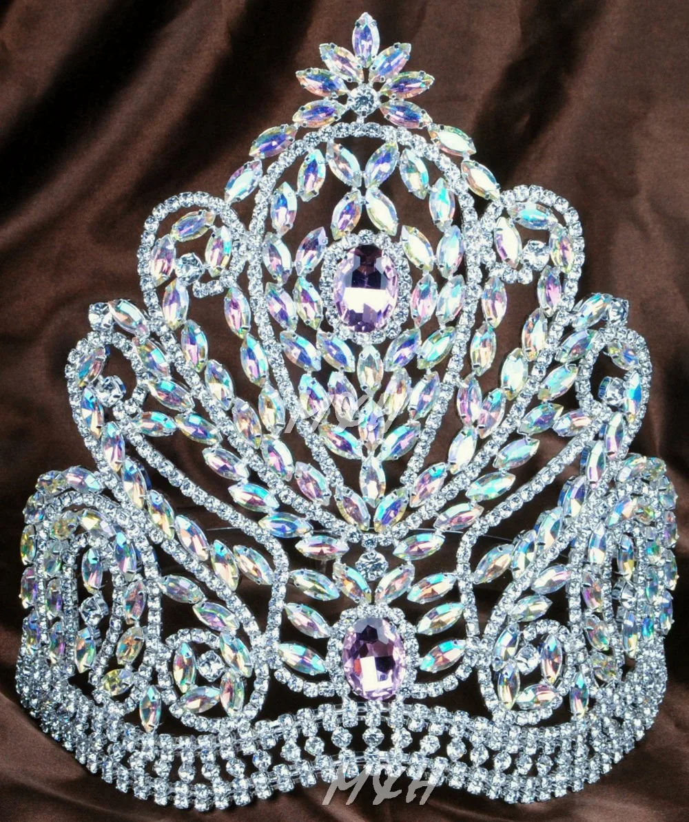 디럭스 9 "큰 티아라 수제 신부 크라운 핑크 & 클리어 오스트리아 모조 다이아몬드 Diamante 투구 아름다움 미인 대회 파티 의상