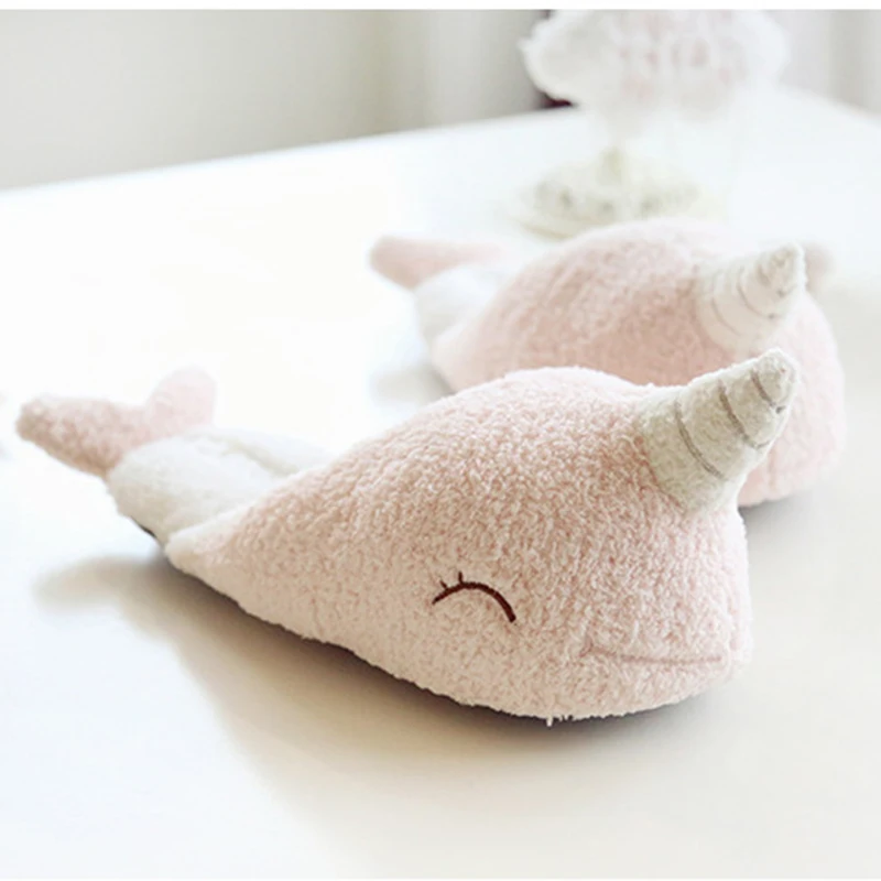 

Women Winter Home Slippers Soft Bottom Indoor Short Plush Slippers Narwhal Shape Shoes Pantuflas Mulher Chinelo Dropshipping