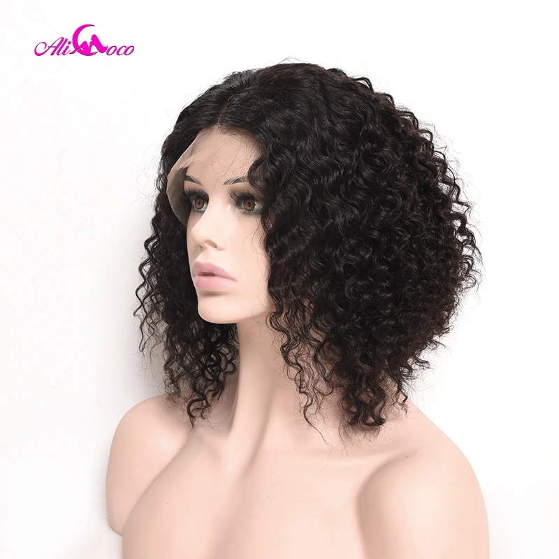 Али Коко бразильские вьющиеся волосы на кружеве человеческие волосы боб парики 8-14 дюймов 150% плотность натуральный цвет Remy короткие человеческие волосы боб парики