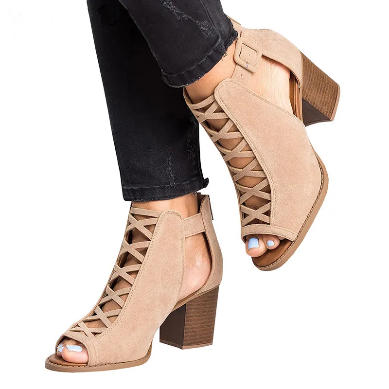 

Summer shoes women high heels gladiator sandals sexy hollow out open toe block heels roman sandals big size zapatos mujer