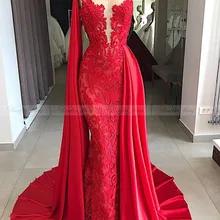 Элегантное Длинное Красное Кружевное Вечернее платье русалки с накидкой ярко-розового цвета, вечерние платья для выпускного вечера в Дубае размера плюс, вечерние платья для женщин в африканском стиле