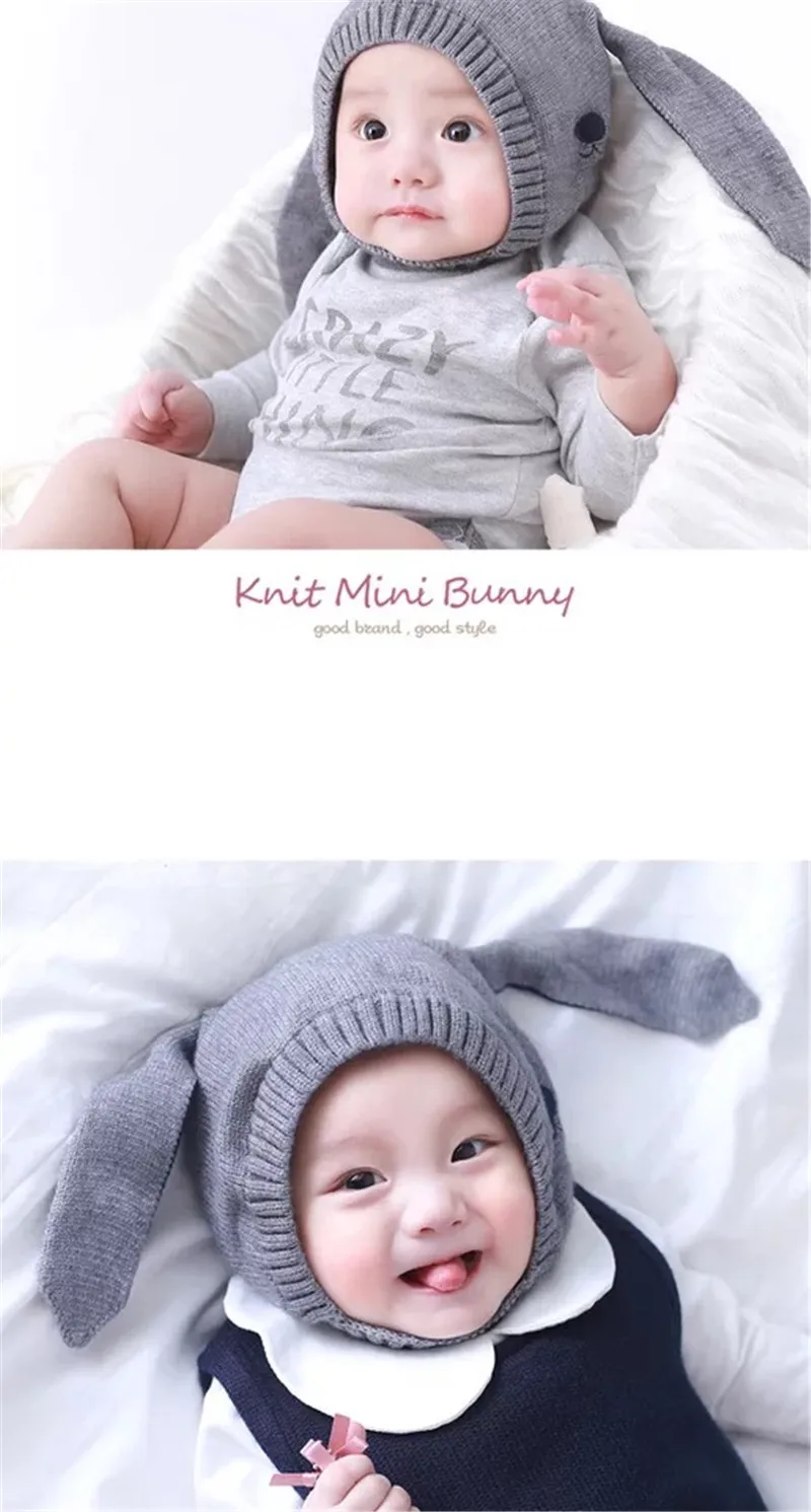 Детская шапочка, вязаная однотонная шапка, милый головной убор с длинными ушами кролика, модная детская шапочка унисекс, реквизит для фотосессии 6-18 месяцев