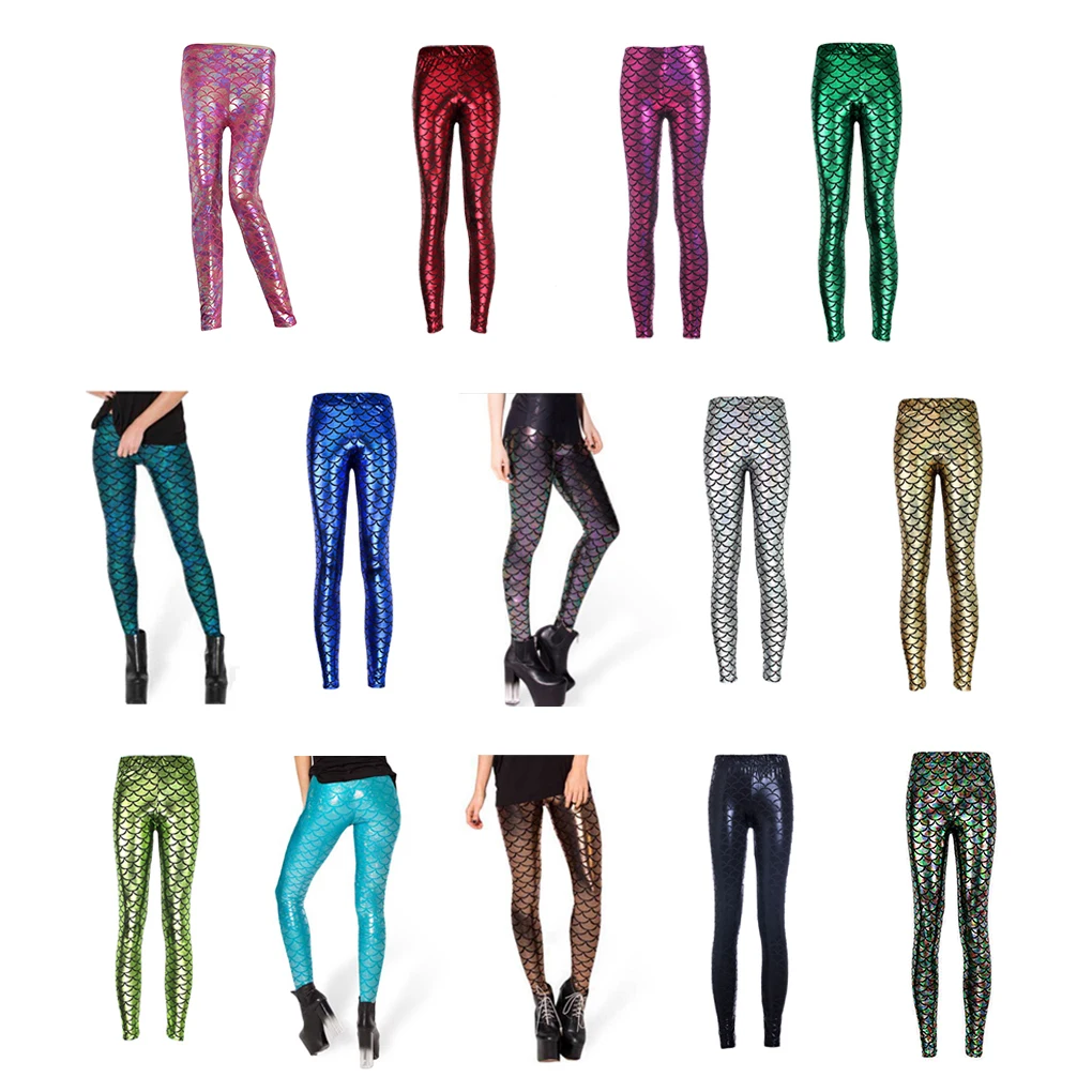 Women Fish scale printing stretch thin shiny mermaid printing Leggings pants