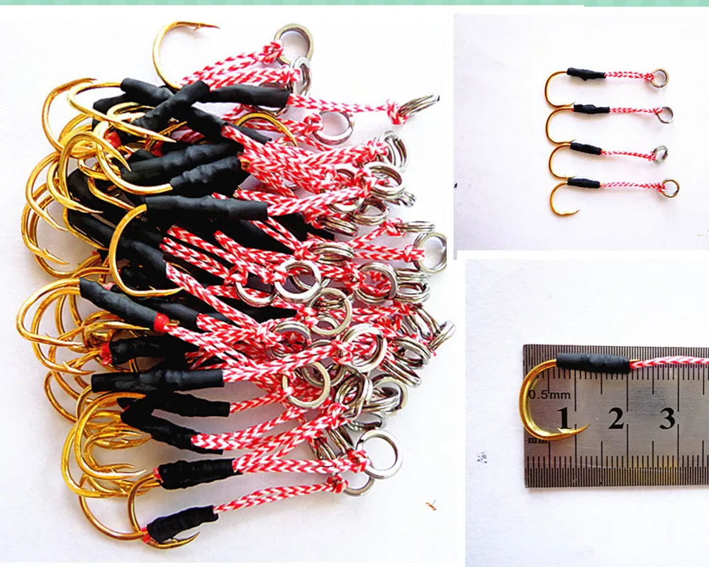 

50PCS Golden Color Fishing Hook Solid Ring with PE Line Jig Assist Hook #13