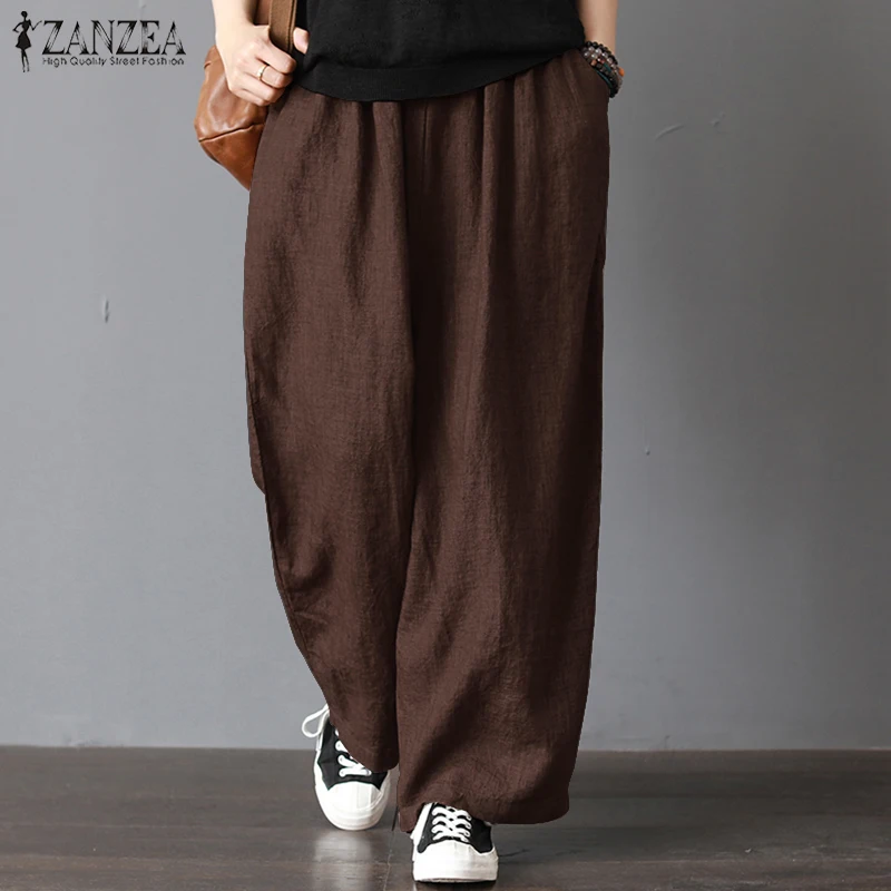 ZANZEA 2019 Women Wide Leg Pants Casual Loose Solid Work Trousers Elastic Waist Pockets Long Pantalon Femme Streetwear Plus Size ZANZEA 2019 Women Wide Leg Pants Casual Loose Solid Work Trousers Elastic Waist Pockets Long Pantalon Femme Streetwear Plus Size