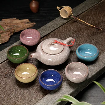

Handmade ceramic baking tea set 7 piece set ice crack tea cup teapot set office home decoration kitchen food supplies