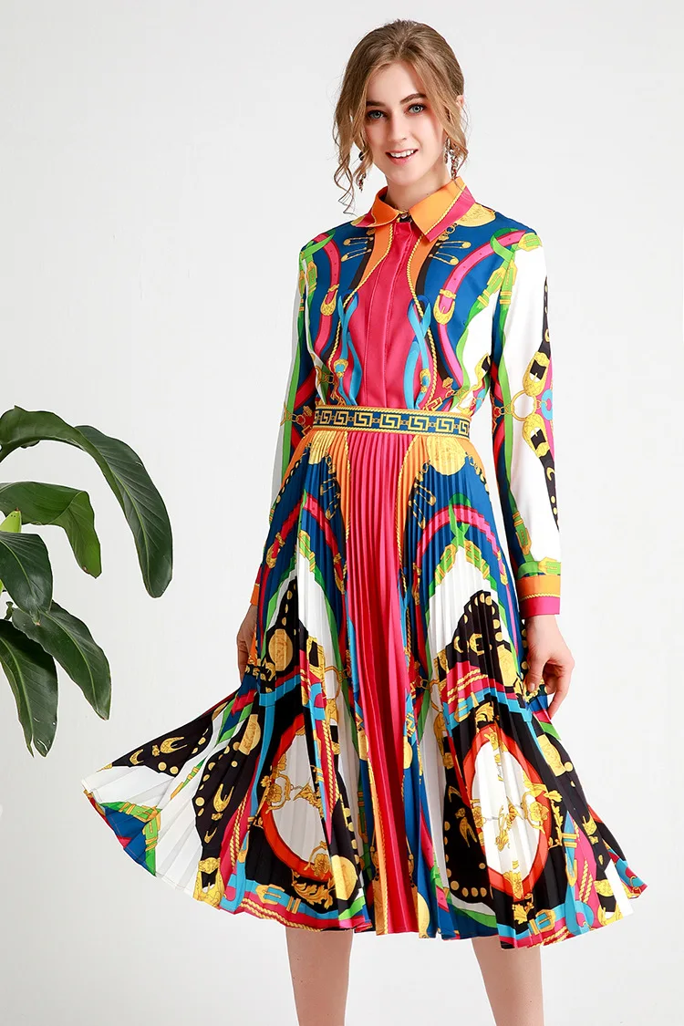 

High quality OL skirt suit 2019 Fall runways Fashion print long sleeves Shirts+pleated skirts 2pieces set Chic women's set A691