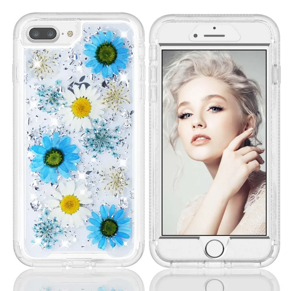 

For Coque iPhone 7 Case Handmade Natural Flower Glitter Girly Case Shockproof Hard PC Cover Flexible TPU Frame for iPhone 7 8 6S