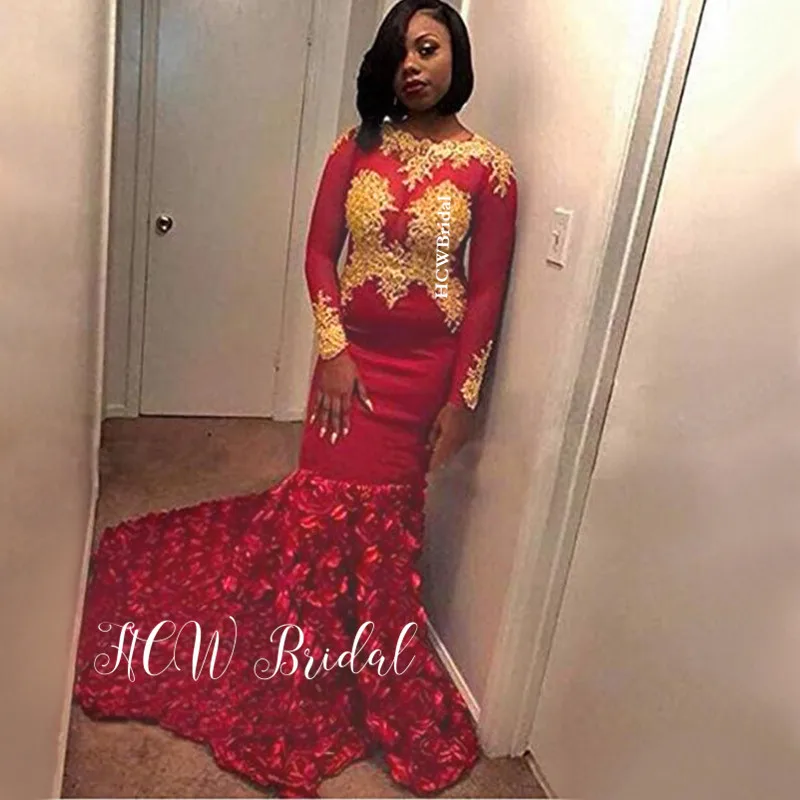 Gorgeous Red Flowers Mermaid African Evening Dress Long Sleeve Gold Lace Sweep Train New Prom Gowns Custom Made