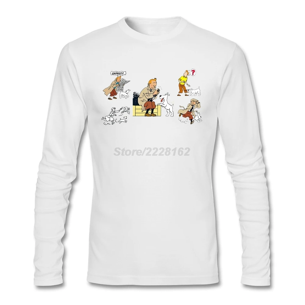 Фиолетовая футболка HU& GH Tintin And His Dog Snowy Man, футболка в стиле хип-хоп с индивидуальным принтом, зимние футболки из хлопка с принтом «Приключения Тинтина» - Цвет: Белый