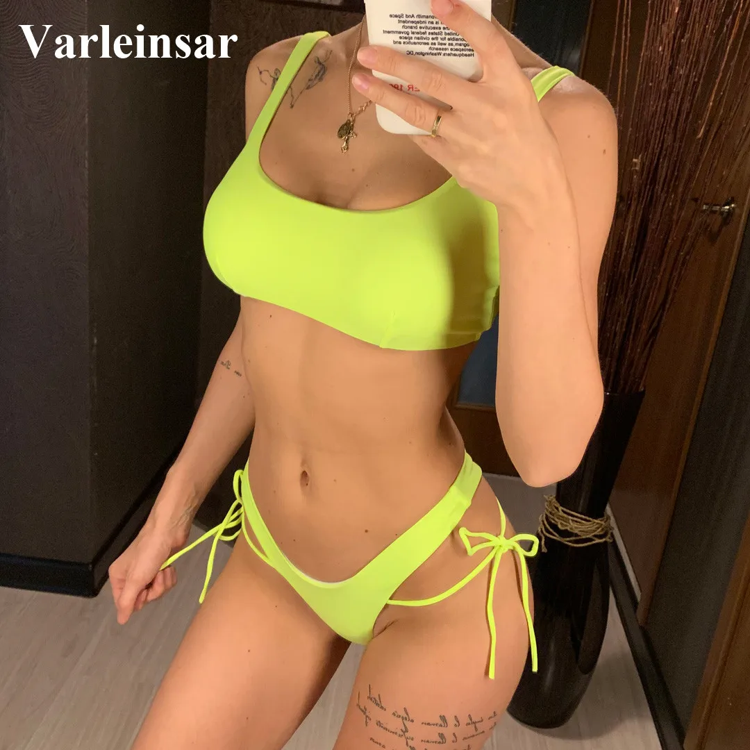 

NEW Neon Green High Leg Cut Bikini Female Thong Swimsuit 2019 Women Swimwear Two-pieces Bikini set Bather Bathing Suit V1302