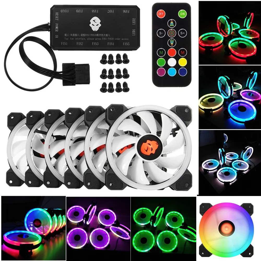 Günstige 6 stücke 120mm Computer PC Kühler Lüfter Doppel Ring RGB LED Fan Mit Fernbedienung 366 Modi Für CPU