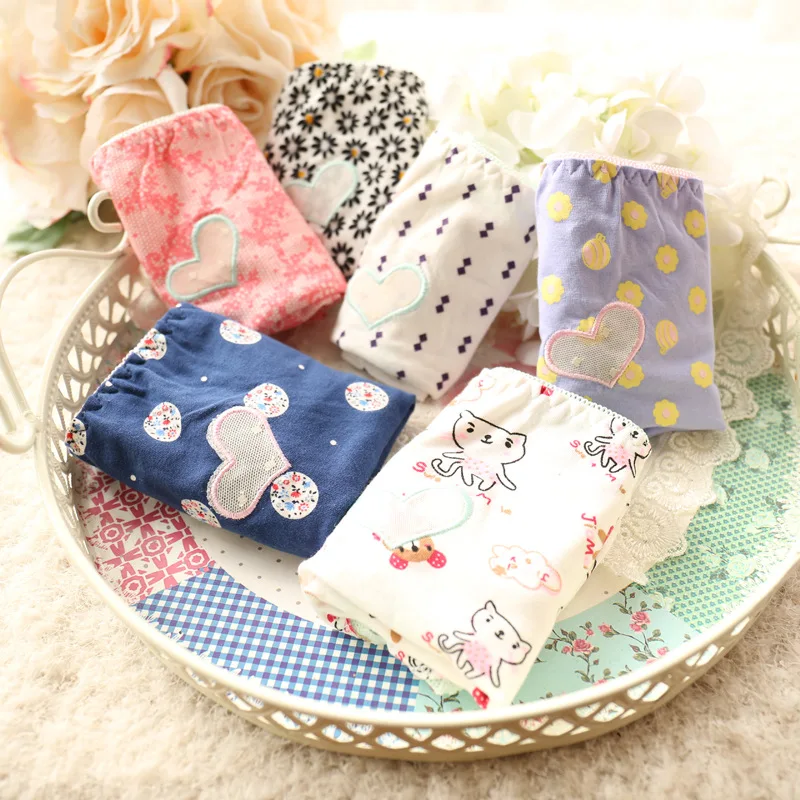 

Calcinha Infantil Underwear 6pc/bag Lace Cotton Candy Low Waist Lovely Heart Briefs Teenage Girl Panties Young Mix Style