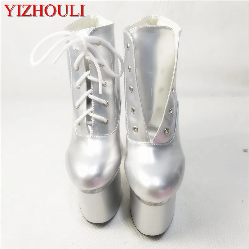 

18 cm high heel club pole dancing boots, gradient color nightclub girls ultra high heel boots, silver square heel Dance Shoes