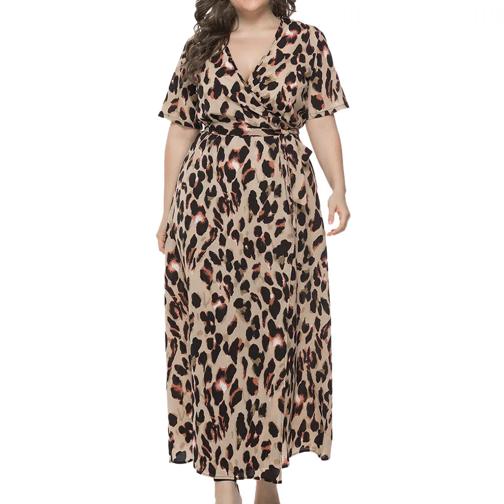 

JAYCOSIN Dress Fashion Women Sexy Plus Size V-Neck dress casual slim vestidos Leopard Print Short Sleeve party Long Dress 425