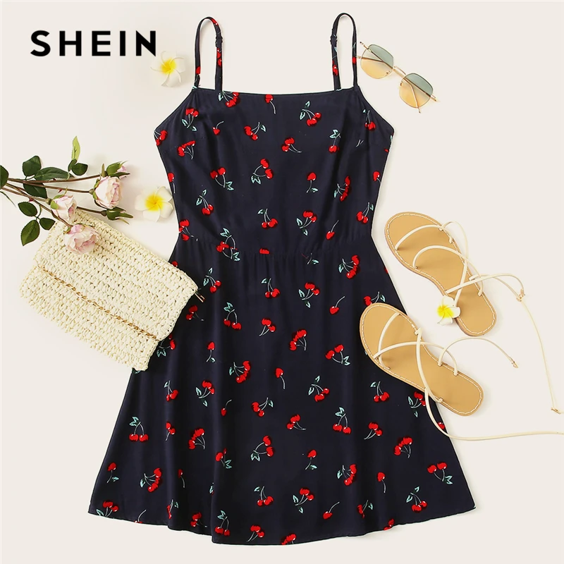 SHEIN Платье С Принтом Вишни Женское Летнее Темно Синее Повседневное Без