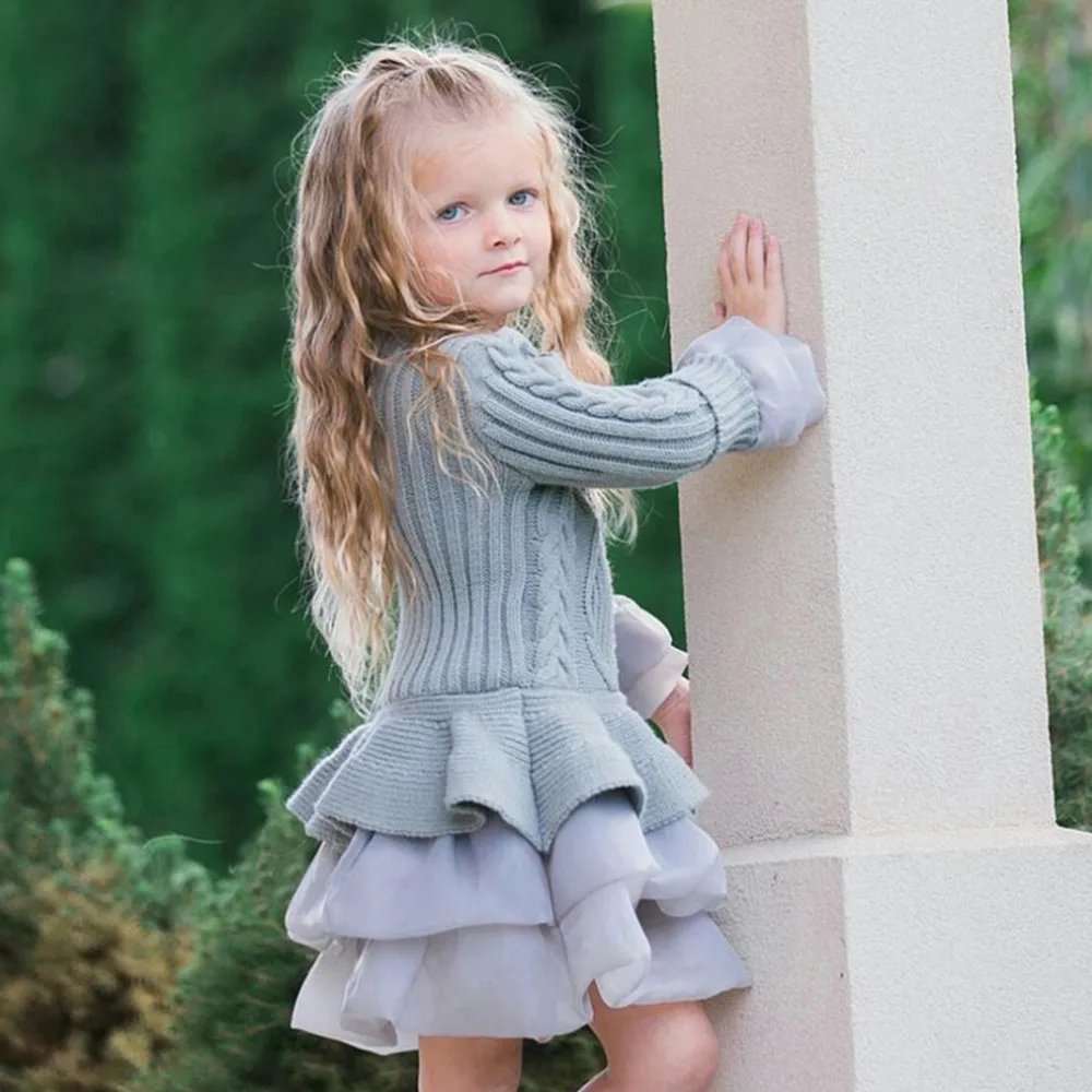 Горячая Распродажа зимние теплые детские для девочек Хлопковый вязаный свитер Пуловеры Твердые вязаный крючком Платья-пачки одежда с длинными рукавами vestidos