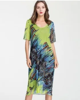 

New v-neck silk dress women's summer printing temperament loose double layer 100% mulberry silk short sleeve long dress