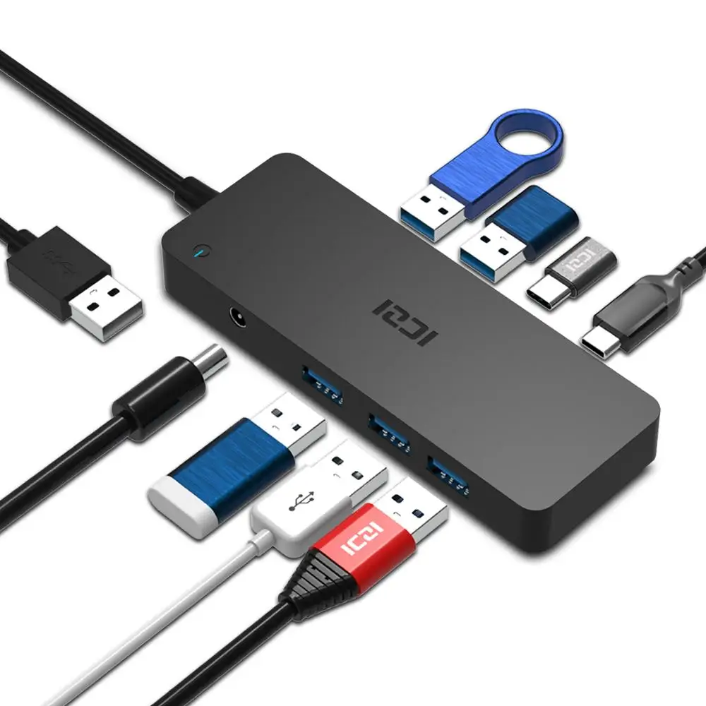 ICZI USB 3.0 المحور نوع C/F * 2 منافذ + 5 * USB 3.0 الموانئ + DC الطاقة إمدادات لنقل البيانات Hub لأجهزة الكمبيوتر المحمولة ماك الأسود