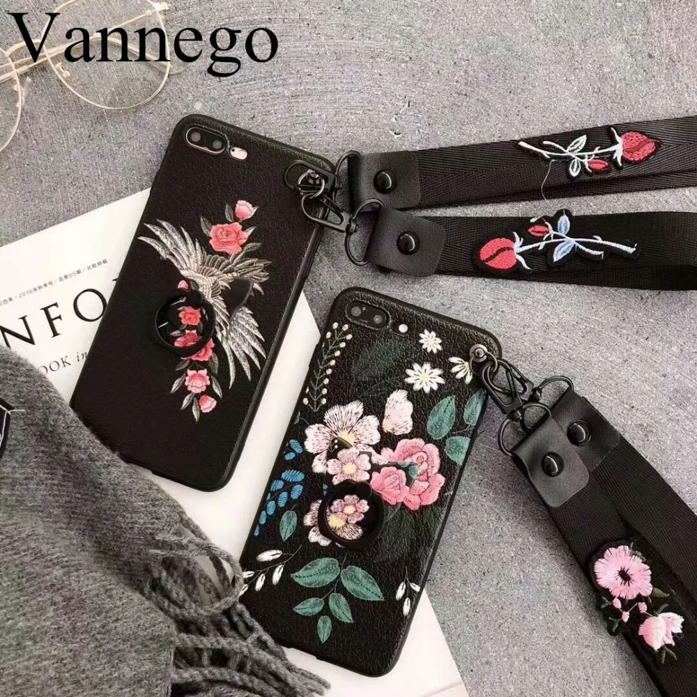 

Vannego Phone case For iPhone X 7 8 7Plus 8Plus 6 6S Plus Cases Silicone retro flower printing Soft TPU Back Cover with Lanyard