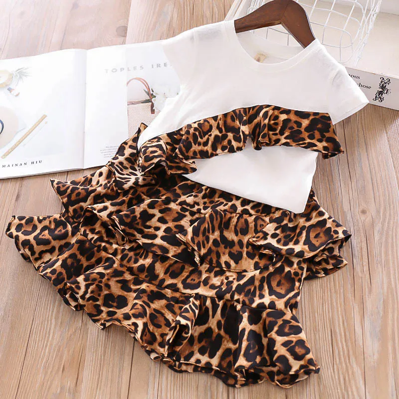 

Roimyal Wholesale 2019 summer new 2-6 year girl irregular wooden ear leopard print child white T-shirt + leopard skirt suit