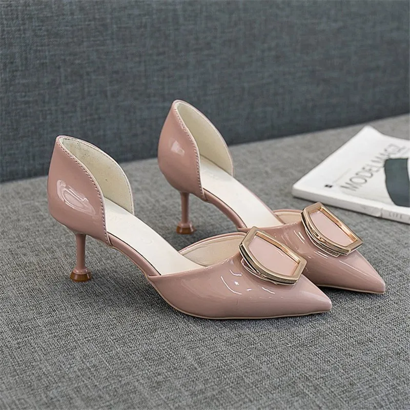 

2019 new Korean version of the pointed shallow mouth PU thick with single shoes fashion wild comfortable high heels