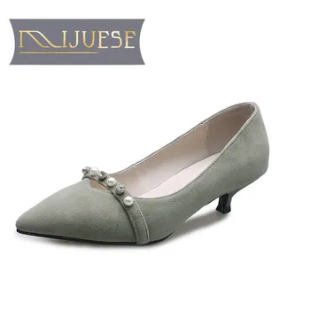 

MLJUESE 2018 women pumps autumn spring Kid Suede pointed toe Mary Janes slip on Green color high heels women size 34-41